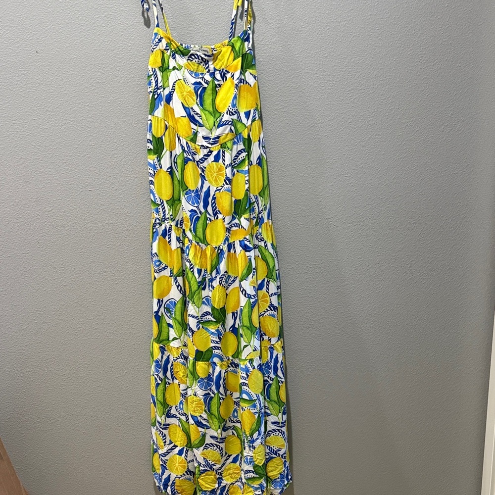 Kenny Flowers The Positano Tiered Maxi Dress Resort  Smocked Back Lemon Sz Small - Picture 12 of 13